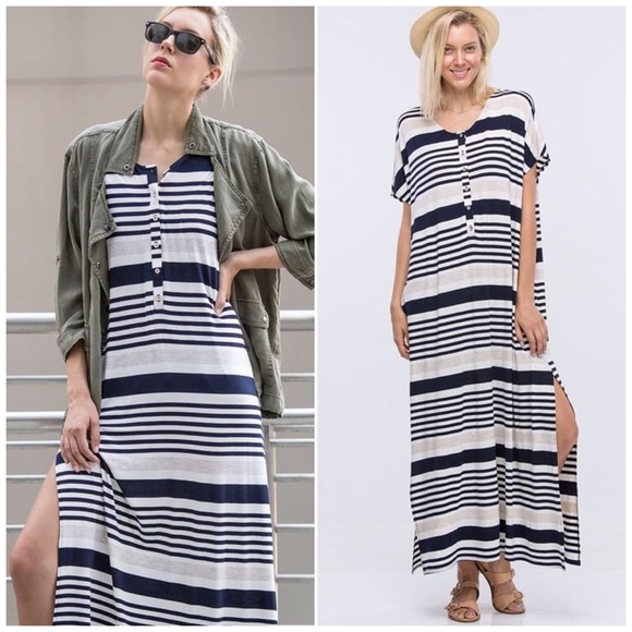 🌻2 for $20🌻 Navy Striped Side Slit Maxi Dress - Picture 3 of 5
